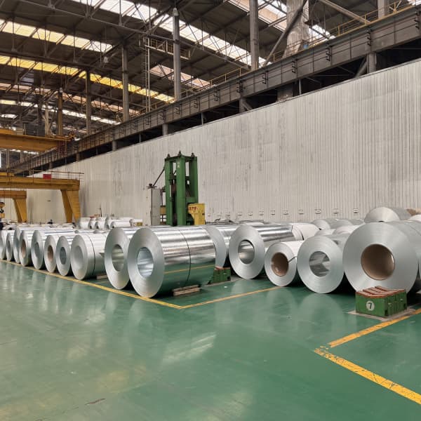Narrow width structural galvanized steel coils neatly bundled and ready for export shipment.