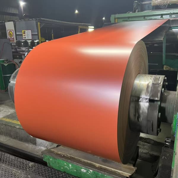 Matte textured color coated steel coil displaying a anti-glare wrinkled finish.