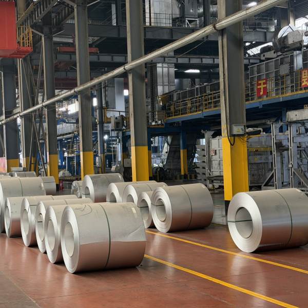 Rows of galvanized aluminum zinc gl steel coils ready for maritime cargo load